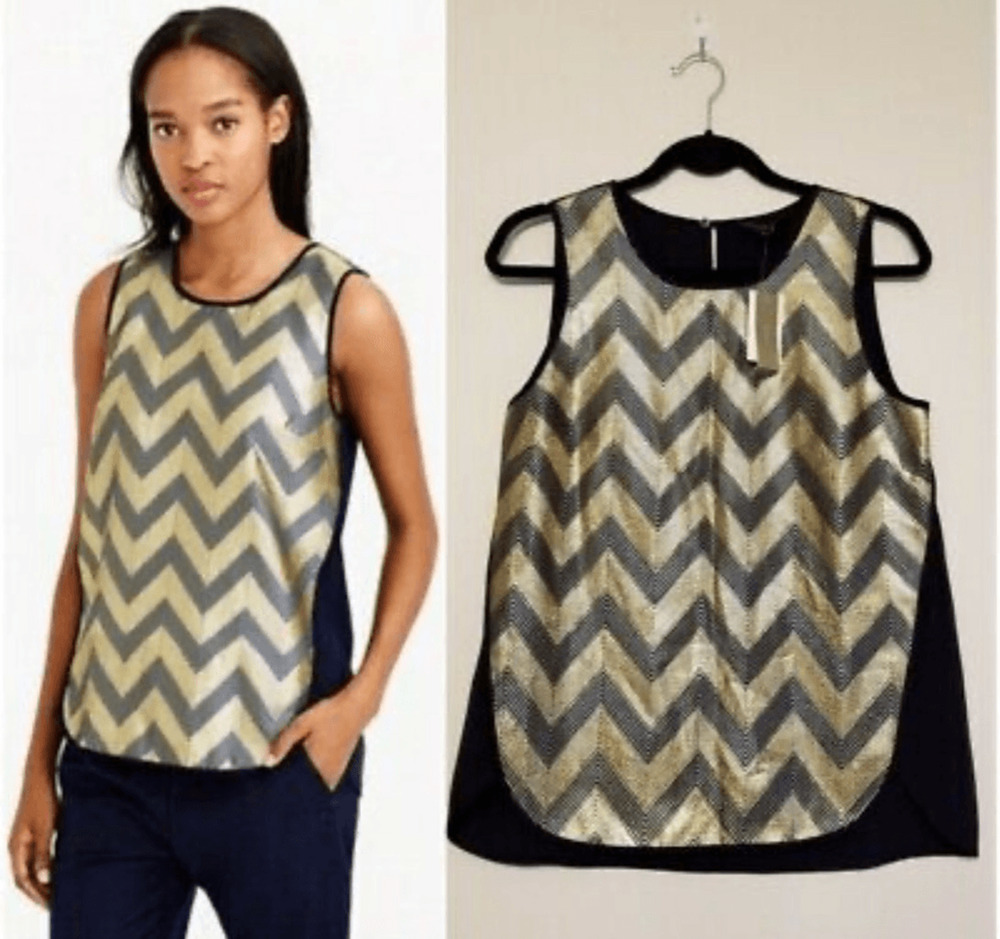 JCrew Navy & Gold Chevron Gilded Tank Blouse Preppy Minimalist Retro Boho 2